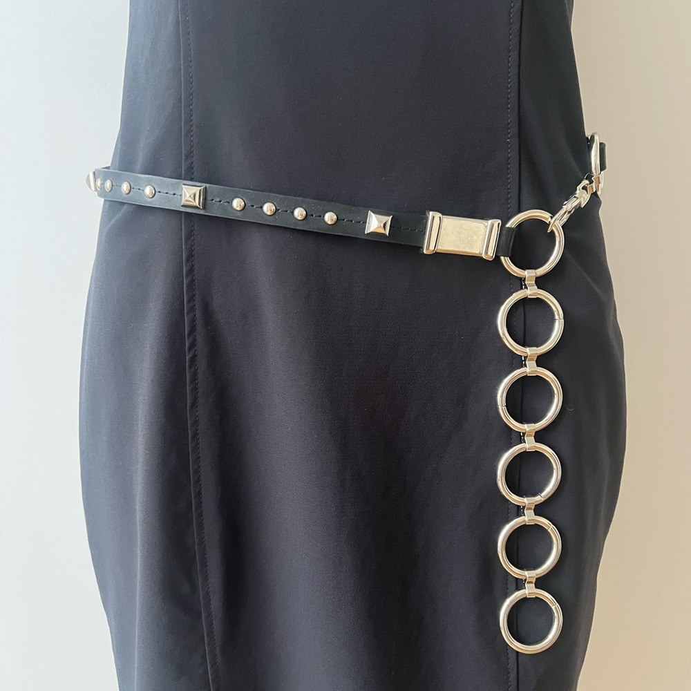 Danier Black Leather Stud and Ring Chain Waist Belt